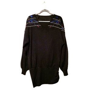 Womens Skimmer Top Black Vintage M/L  80s Oversized Blouse V-neck
